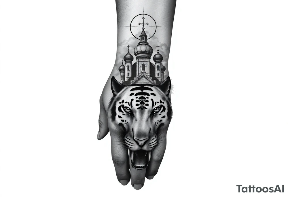 in a dorsal view of the hand and forearm a tiger face on the hand with black hollowed eyes, then above this a orthodox church shrouded with a mist and fading into a virgin mary overlooking tattoo idea