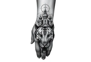 in a dorsal view of the hand and forearm a tiger face on the hand with black hollowed eyes, then above this a orthodox church shrouded with a mist and fading into a virgin mary overlooking tattoo idea