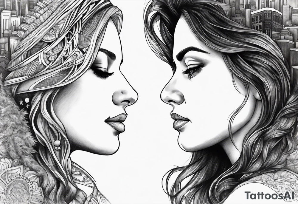 2 womans faces looking into each other eyes the womans face on the right side morphs into a city and the womans face on the left side morphs into mountains tattoo idea