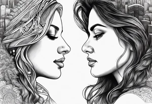 2 womans faces looking into each other eyes the womans face on the right side morphs into a city and the womans face on the left side morphs into mountains tattoo idea