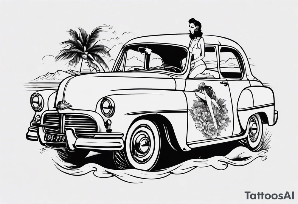 Pinup doll riding old car along the beach tattoo idea