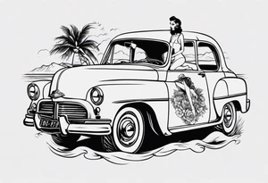 Pinup doll riding old car along the beach tattoo idea