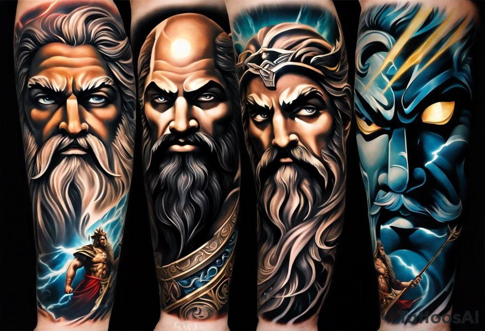 Full left arm tattoo sleeve with the Greek gods, Zeus, Poseidon and Hades. Zeus' face with a lightning bolt coming out of one eye is at the left shoulder, Poseidon's  face with a trident as one of his eyes is at the left upper arm and Hades' face with 
a bident as one of his eyes is at the left forearm. tattoo idea