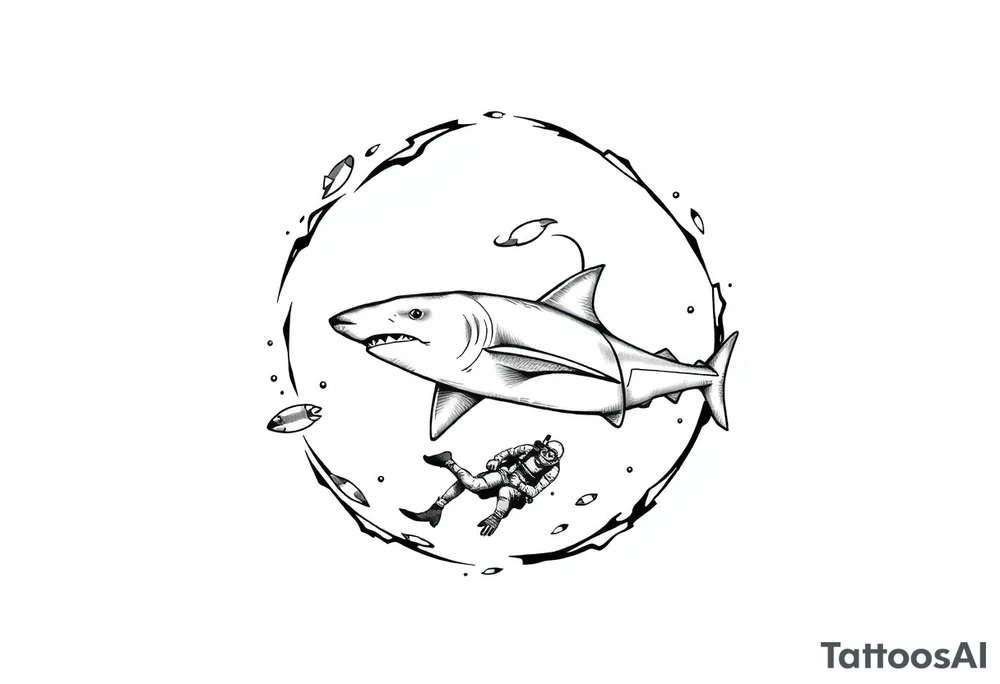 Generate a dive scene including a smaller circling shark and a diver tattoo idea