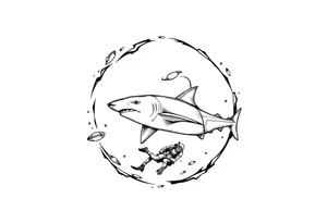 Generate a dive scene including a smaller circling shark and a diver tattoo idea