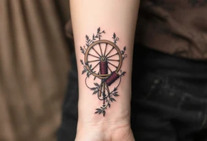 A Victorian-style spinning wheel with elegant mahogany tones, paired with a spool of deep burgundy yarn and subtle lacework details. tattoo idea