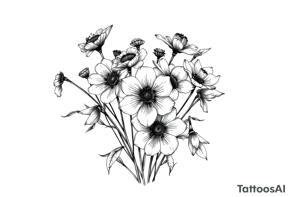 A cluster of wildflowers, with solid black shadows at the base and lighter stippling toward the petals. Some flowers in full bloom while some petals wilting or dropping symbolizing the passage of time. tattoo idea