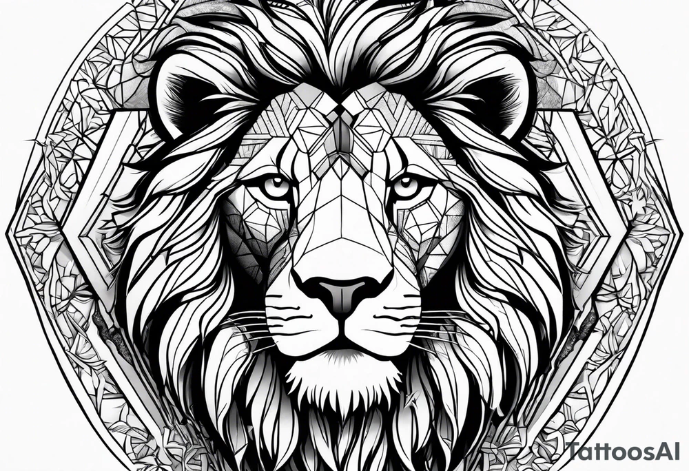 The Face of marcus aurelius with the lower left half missing. He is looking slightly away at 25 degrees. Geometric symbols framing the background. The background has small color splashes of red and purple. tattoo idea