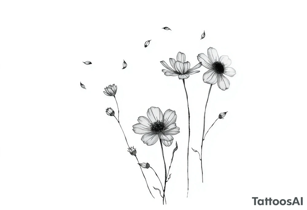 Wildflowers in the Wind (Detailed Linework)
A realistic fine-line tattoo of wildflowers with some petals or leaves being carried away by the wind.
The flowers can be intricately shaded for depth, and the wind can be represented with delicate, flowing lines.
Placement: Forearm, ribcage, or back of the shoulder. tattoo idea