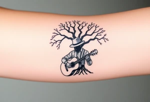 Man with hat but cant see face 
playing acoustic guitar underneath tree of life concept style tattoo idea