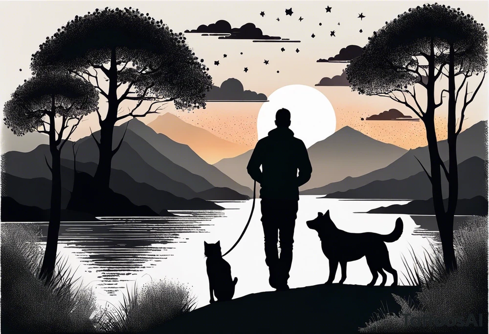 nature, sunset, mountains, a father and son hiking with their dog and cat 
by the water tattoo idea