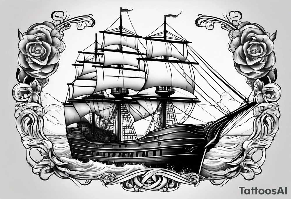 huge dark wooden ship tattoo idea