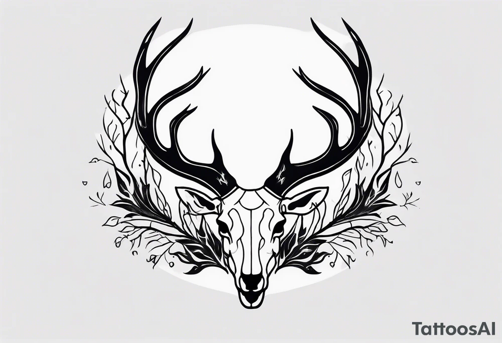 side profile of a deer skeleton JUST BONE surrounded by a flames and trees tattoo idea