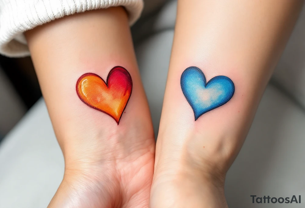 A fiery orange heart on one partner and a cool blue heart on the other, symbolizing passion and calm. tattoo idea