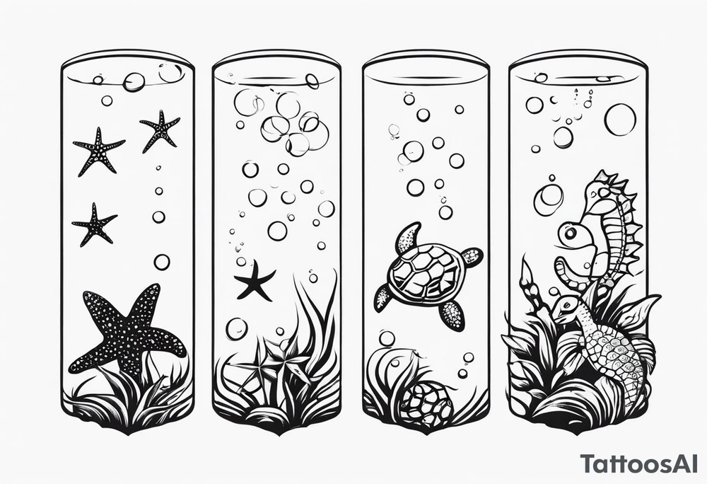 Small Starfish, Seahorse and turtle in a vertical line with bubbles tattoo idea