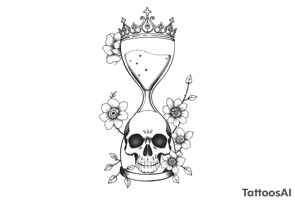 Hourglass with detailed beautiful gothic boho flowers on vine and skull with gorgeous crown tattoo idea