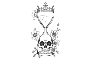 Hourglass with detailed beautiful gothic boho flowers on vine and skull with gorgeous crown tattoo idea