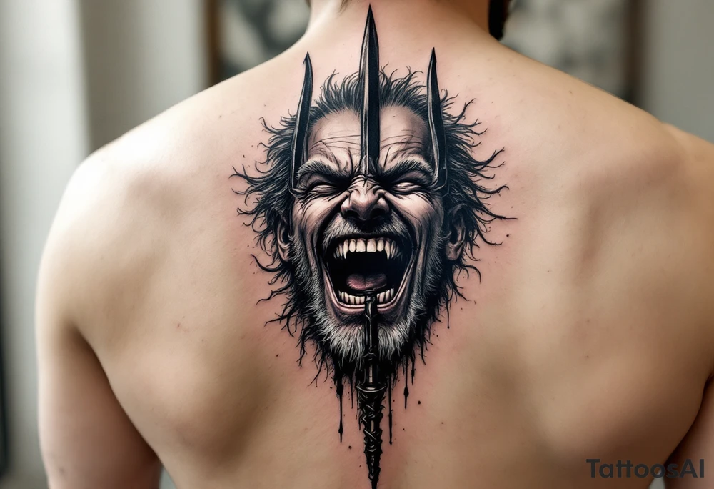 laughing man face behind trident tattoo idea