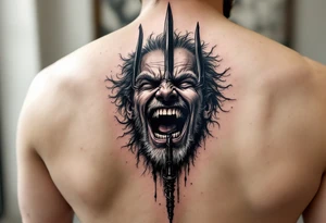 laughing man face behind trident tattoo idea