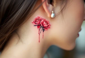 Tiny roses with dripping ink style, done in dark crimson and black, placed behind the ear. tattoo idea