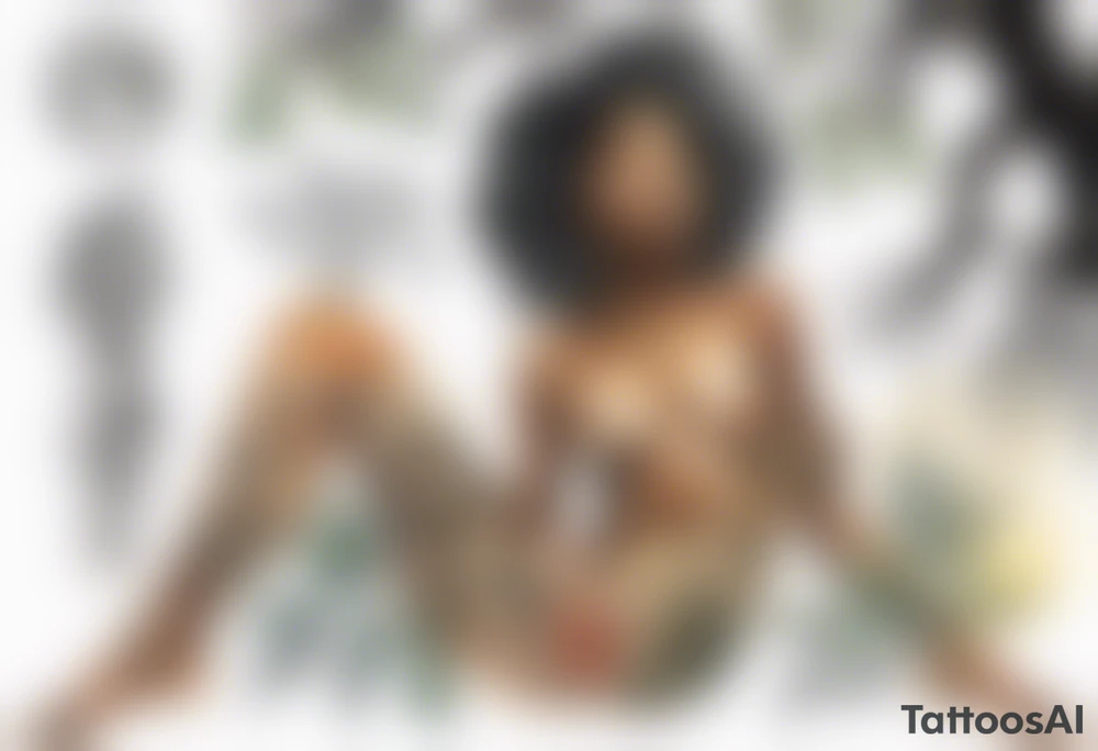 a beautiful black woman with feet that turn into tree roots, reaching towards the sun tattoo idea