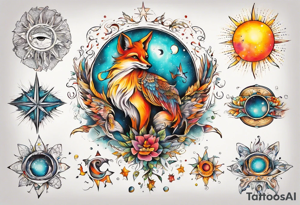 fisch, fuchs und eule , symetrie  sonne, universum, bunt, " sapere aude" tattoo idea