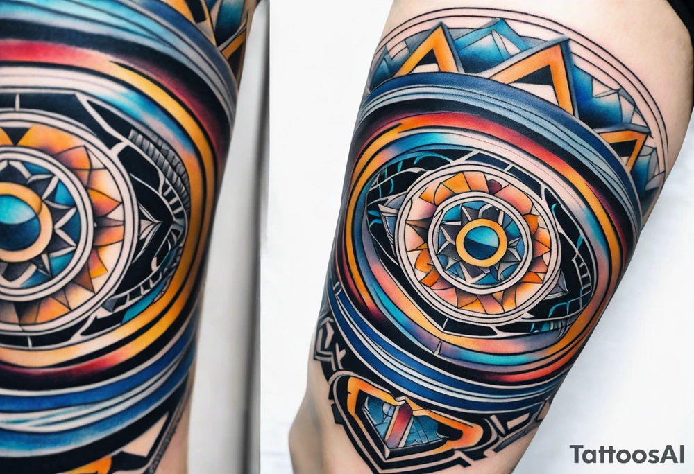 semi Detailed neo traditional knee tattoo flat on paper. The tattoo features geometric patterns and bold lines, creating a visually striking design with slight tints of deep fall colors. The background 
outside the tattoo features deep blues washes and water swirls tattoo idea