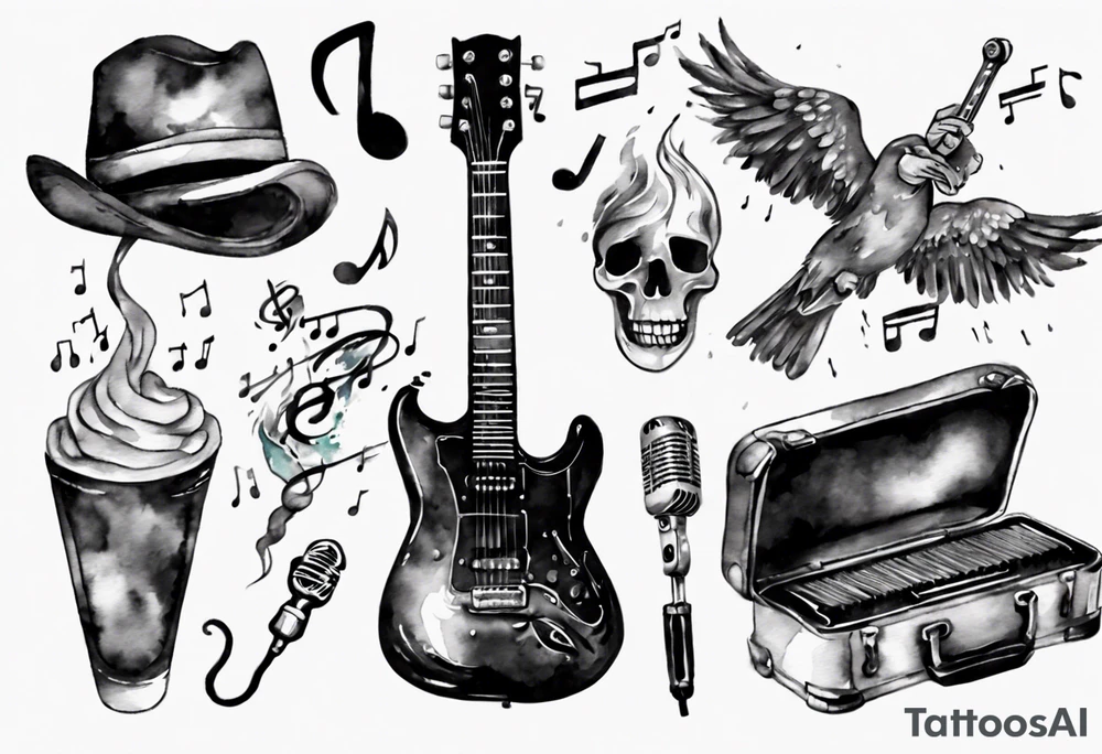 Music, guitar, harmonica, Dad, thunder and rain, love miss you tattoo idea