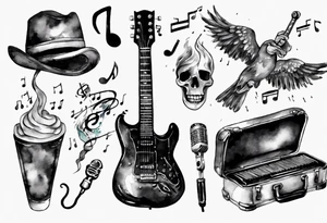 Music, guitar, harmonica, Dad, thunder and rain, love miss you tattoo idea