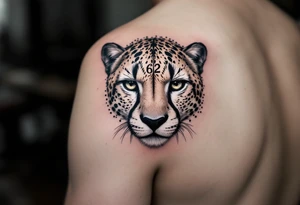 cheetah with the number 62 incorporated in its fur around the dots tattoo idea