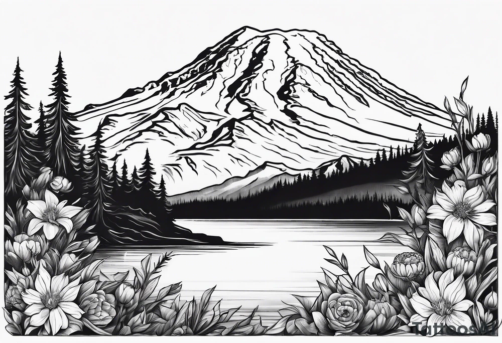 mount rainier with flowers around it tattoo idea