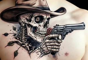 a full body skeleton cowboy gunslinger with a rose in his mouth. tattoo idea