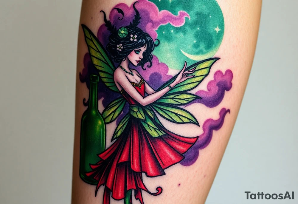 Tim Burton’s pin up style Vintage Parisian elegant and hauntingly beautiful yet eerie full body absinthe Green Fairy dances outside her victorian crystal decatur absinthe bottle Absinthe Art Nouveau   and dripping with muted reds, dusty pinks, and eerie green glow.purple and cyan smokey clouds swirl in the crescent moonlit sky thats sprinkled with stars tattoo idea