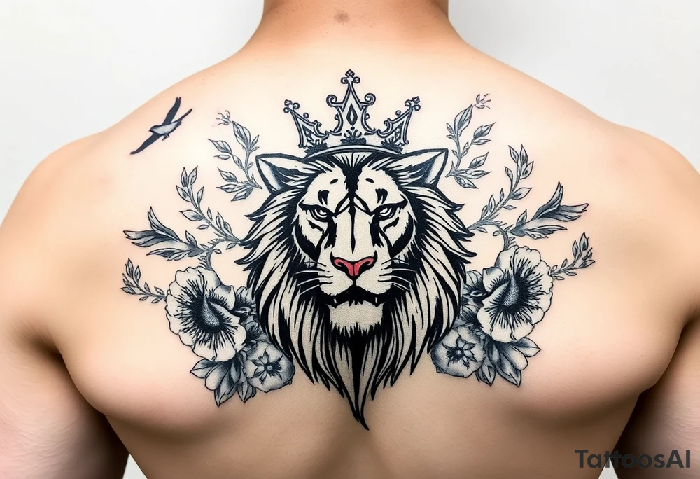 powerful majestic lion with a crown, surrounded by floral ornaments and birds tattoo idea