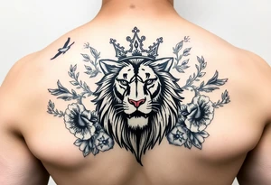 powerful majestic lion with a crown, surrounded by floral ornaments and birds tattoo idea