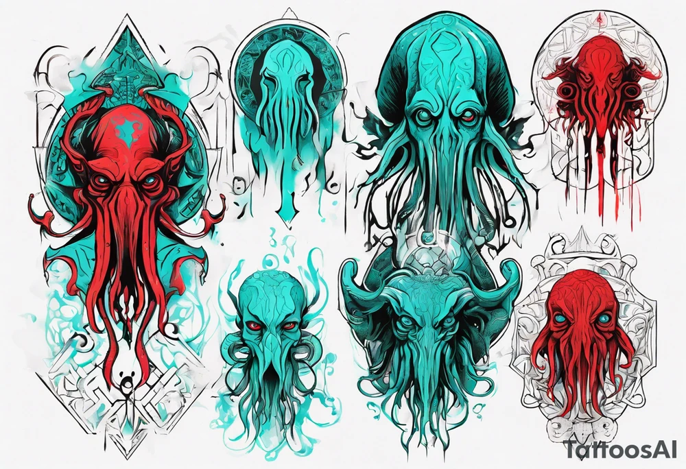 cthulhu, H. P. Lovecraft, old ritual, in the style of abstract portraits, textured pigment planes, red and cyan, stencil art tattoo idea