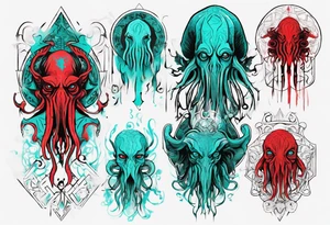 cthulhu, H. P. Lovecraft, old ritual, in the style of abstract portraits, textured pigment planes, red and cyan, stencil art tattoo idea