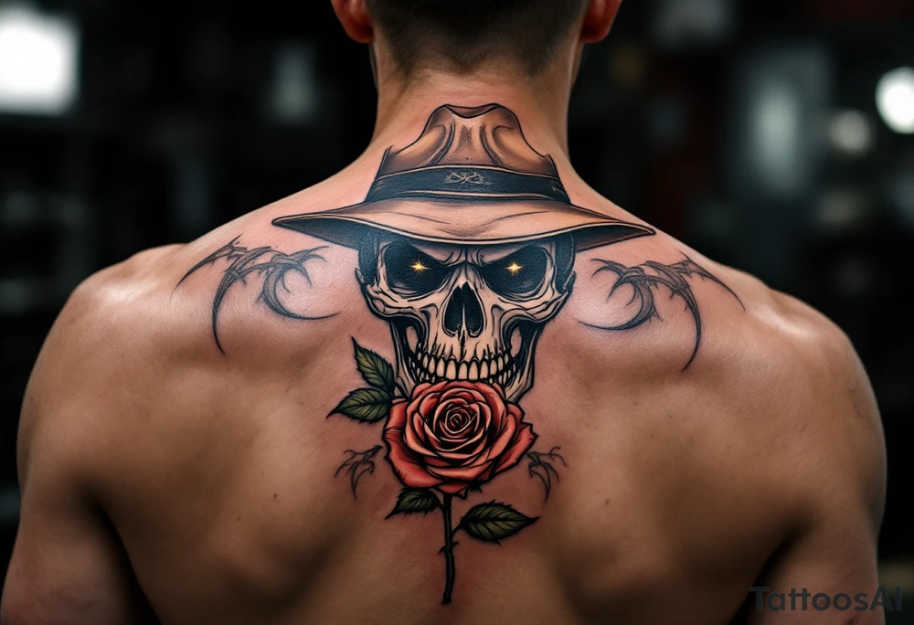 a full body skeleton cowboy gunslinger with a rose in his mouth. tattoo idea