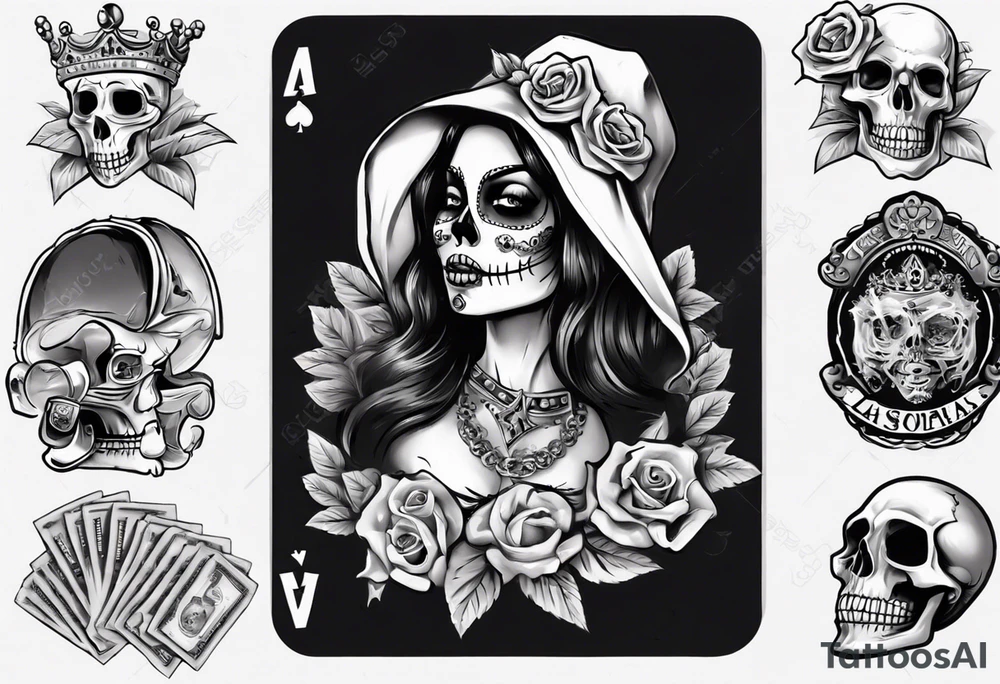 santa la muerta with money and crown
on the card tattoo idea