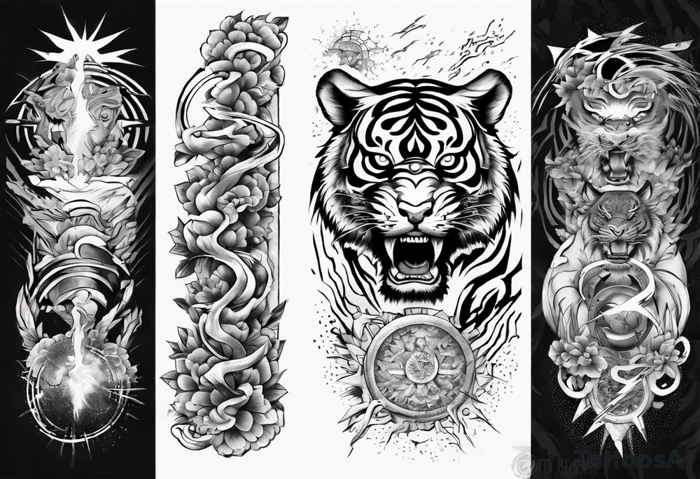 Ancient tiger with lightning and a sun for a forearm sleeve. With patterns surrounding it tattoo idea