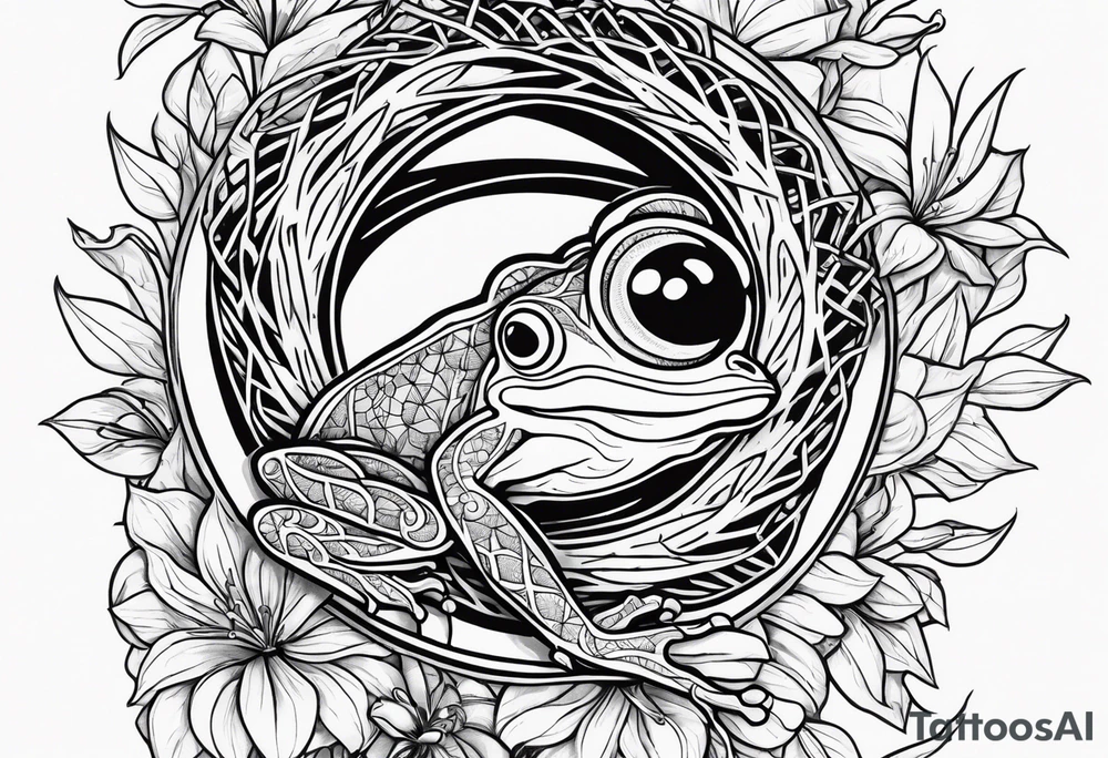 Fine line honeysuckle vine wrapped around forearm in color. Incorporate a small tree frog tattoo idea