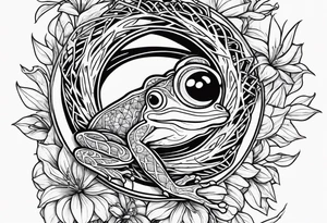 Fine line honeysuckle vine wrapped around forearm in color. Incorporate a small tree frog tattoo idea