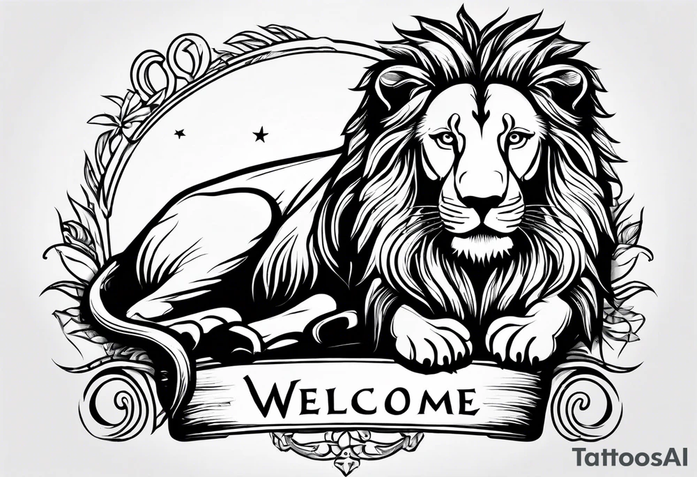 Lion laying own horizontally smiling and a text overlay saying "Welcome" tattoo idea