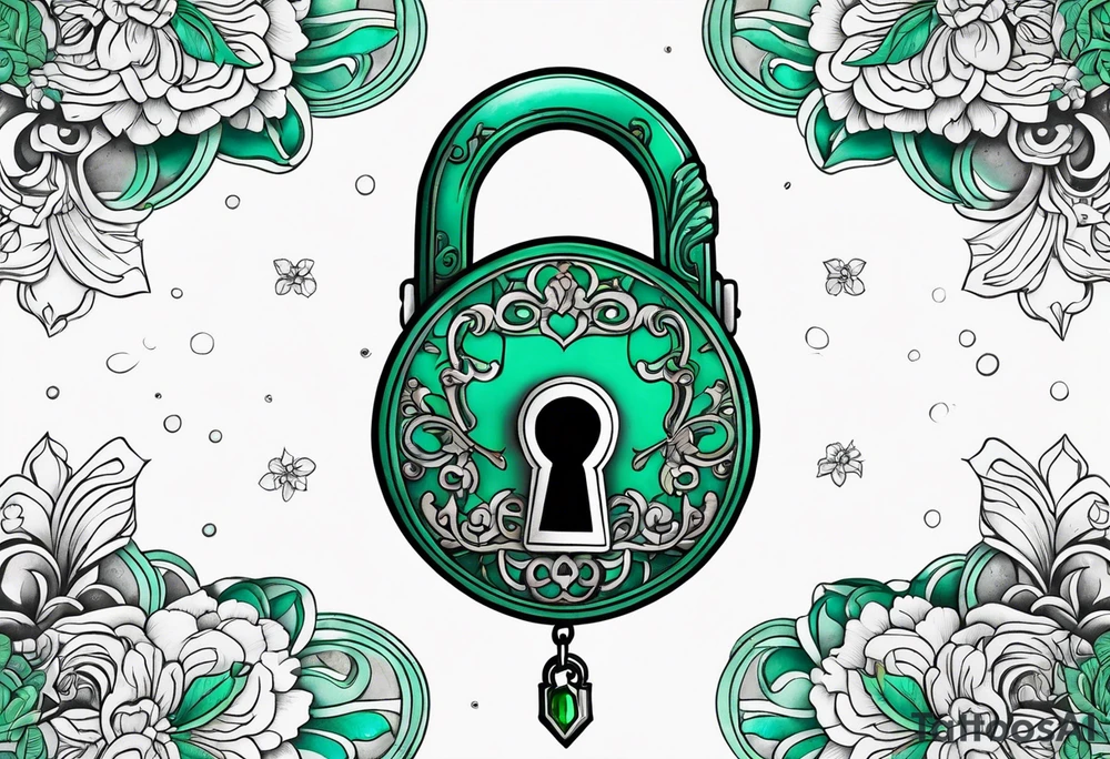 Lock and key with emerald stone tattoo idea