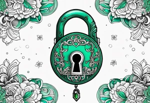 Lock and key with emerald stone tattoo idea