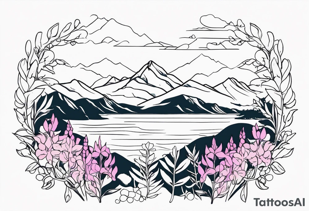 ocean mountains surrounded by lupin and fireweed with vines tattoo idea