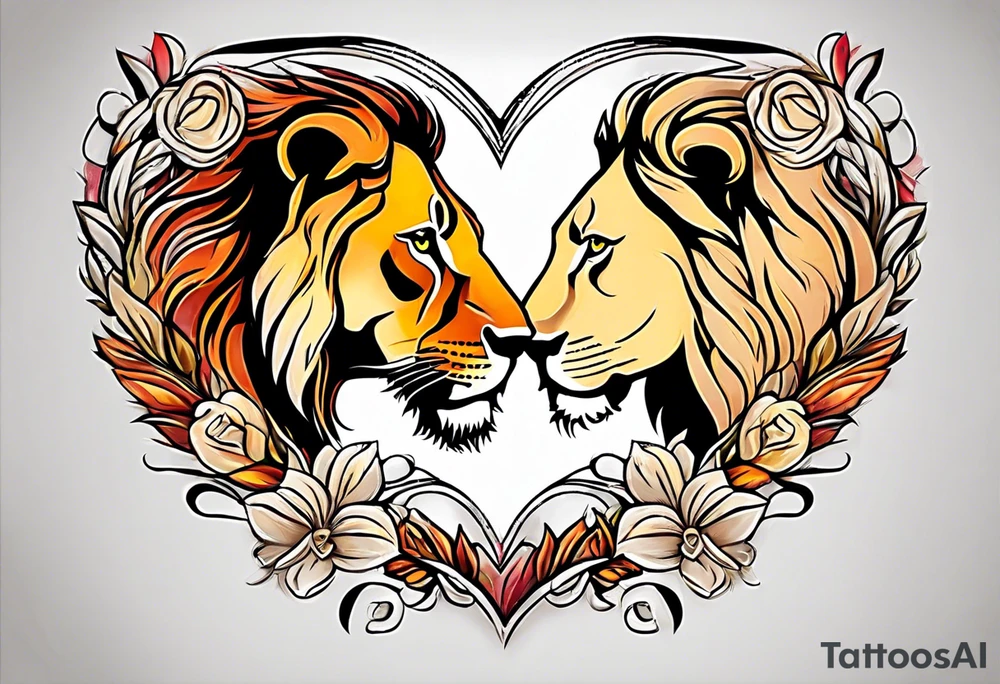 Lion and lioness forming a heart tattoo idea