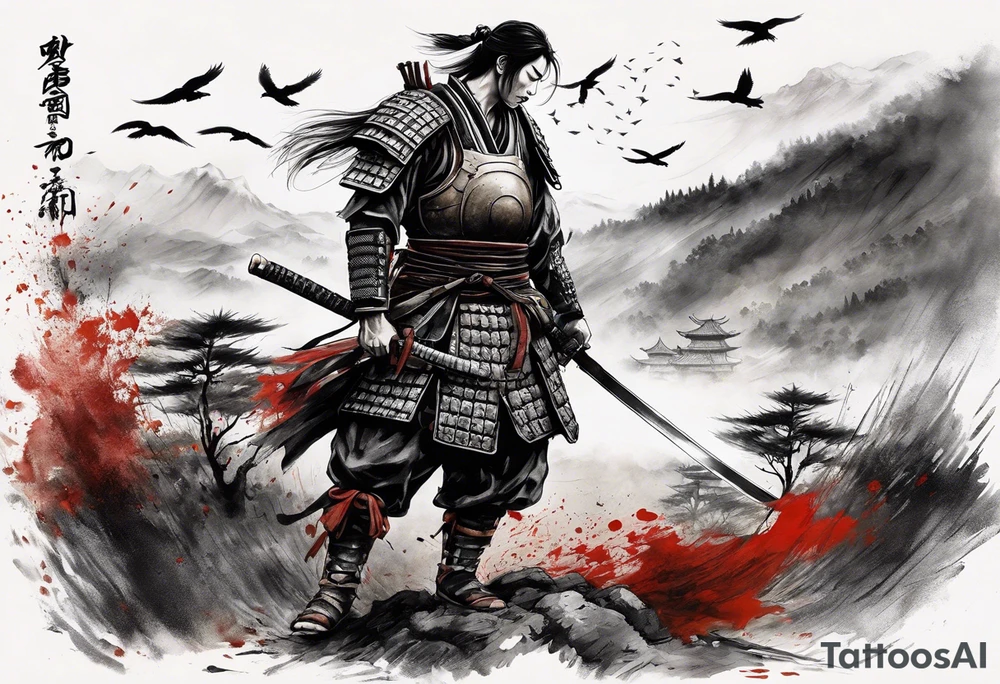 A tired samurai wounded from battle holding his helmet in one hand and in the other hand his sword with a mixture of blood and dirt, wearing his dirty armour he is steeping above some body's from the battle in open field and looking vaguely ylto the horizon while crows are flyting above him and the corpses tattoo idea