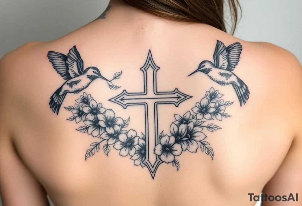 cross surrounded by hummingbirds and flowers tattoo idea