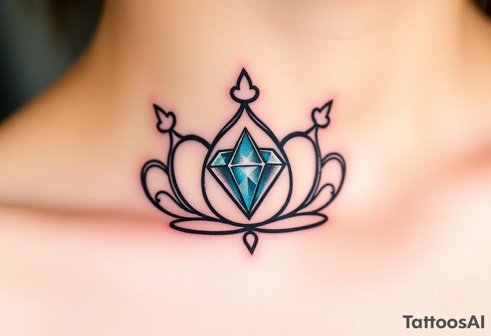 crown with a diamond-shaped gem in the center, rendered in simple black outlines with subtle metallic touches of silver and diamond-like glimmers tattoo idea